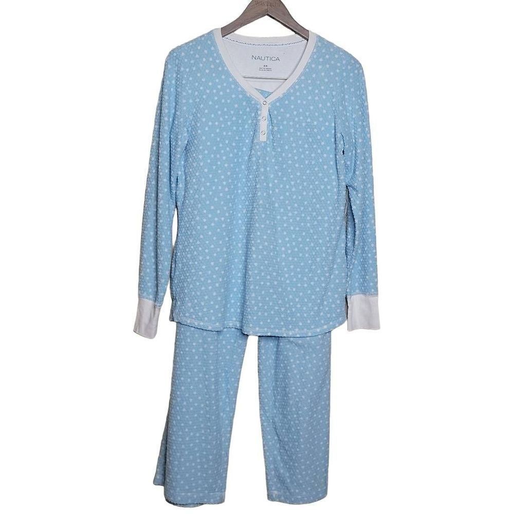 Nautica Long Sleeve Polka Dot Sleepwear Top and Pant Set Blue White Size Medium